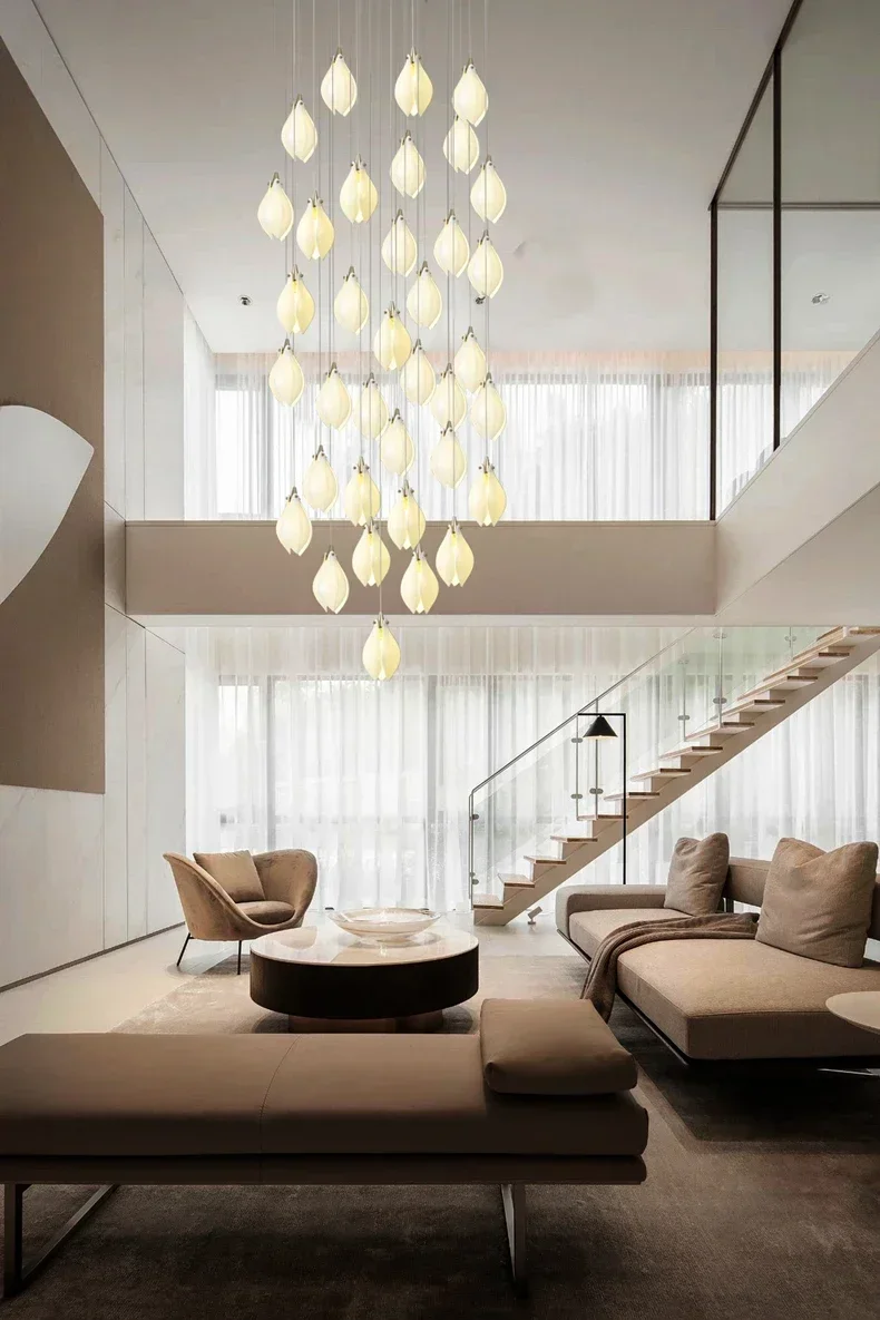 Modern LED Ceramic Magnolia Ceiling Chandeliers Stairs Villa Atmosphere Hanging Lamp High-end Living Dining Room Pendant Light