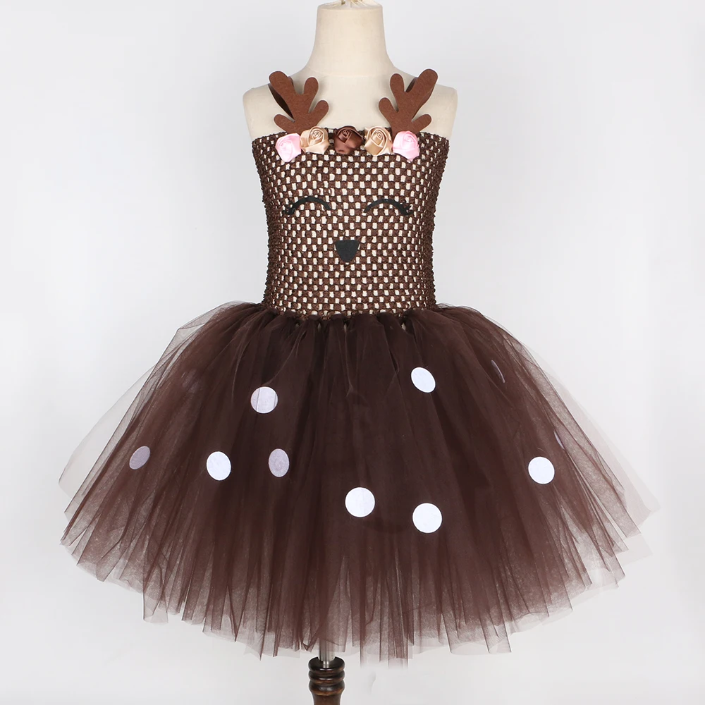 Brown Deer Tutu Dress for Girls Christmas Halloween Costume Flowers Antler Elk Reindeer Princess Dresses Kids Xmas Party Clothes