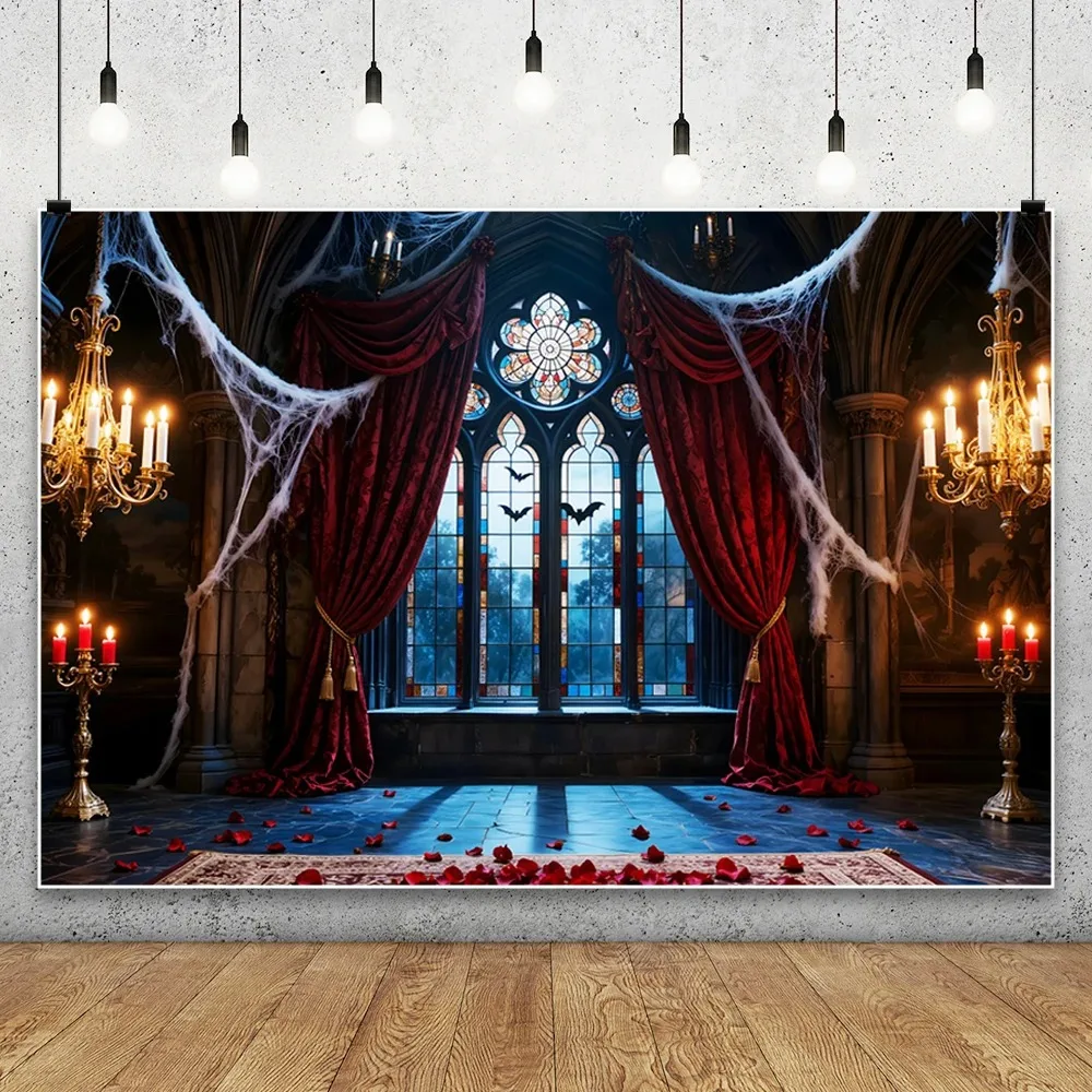 Halloween Blue Moon Night Medieval Gothic Bookshelf Theme Banner Background, Family Party Decoration Photography Backdrop Cloth