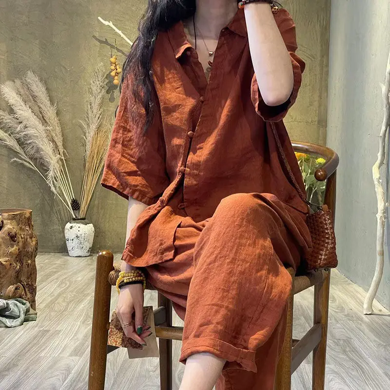 

Summer Elegant Buttoned Shirt Women's Retro Literary Style Leggings Suit