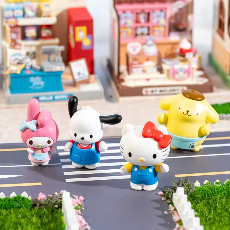 Nowa rodzina Sanrio Kitty Melody Pochacco Mengqu Store Manager seria DIY kabina Mini Mini Mini Model klocki dla dzieci prezent