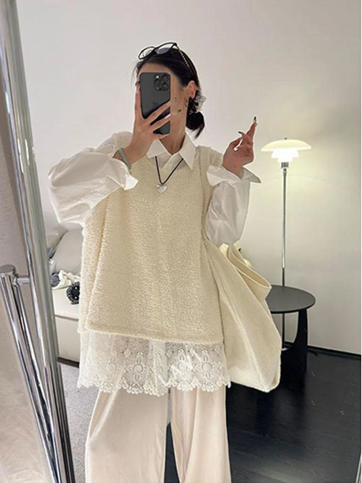 

Loose Design Sense Lace Casual Long Sve Faionable Oversized Dongda Gate Spring Autumn New Sle Love Letter Splicing irt