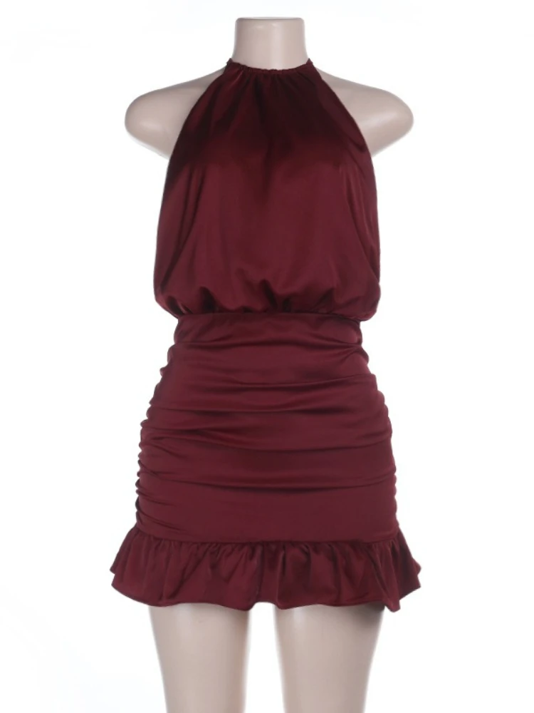 SsTss 新作サマーサテンワンピース 無地 タイアップ ホルターネック オフショルダー バックレス ラッフルヘム ミニスリップドレス Y2K ホットガール ナイトアウトドレス