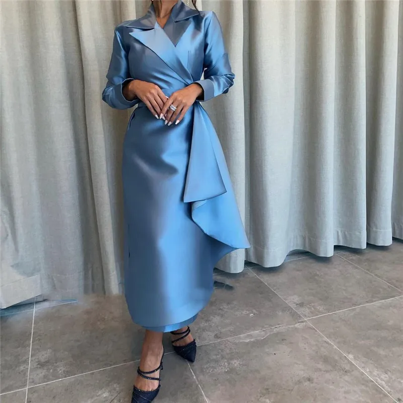 

AsaNagi Satin Evening Dresses Women Party Skirt Suit V Neck Long Sleeves Tea-Length Saudi Arabic Prom Dress فساتين السهرة 2023