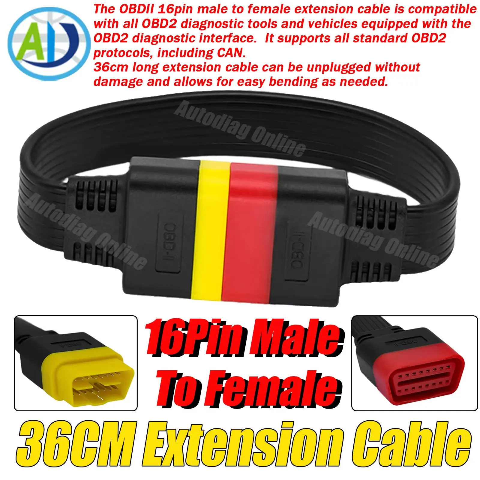OBD2 Diagnostic Extension Cable 16Pin Male To Female for Thinkdiag Easydiag Launch Scanner Connector 36CM OBDII Extension Cable