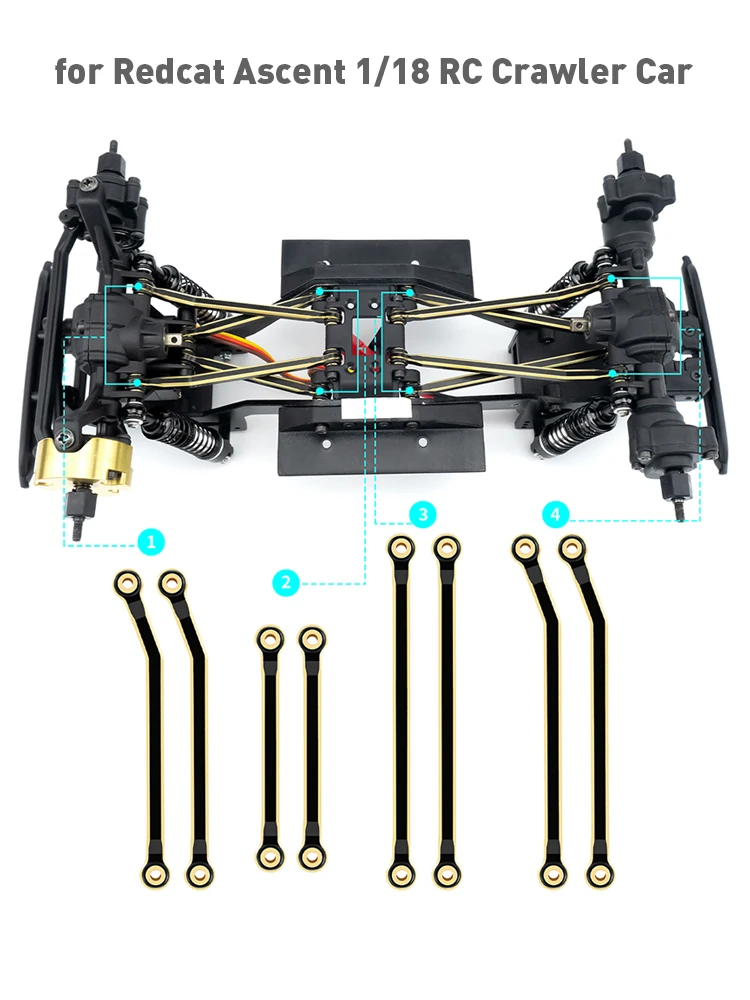 YEAHRUN-Juego de varillas de enlace elevadas, revestimiento negro, latón, delantero, trasero, superior, inferior, para Redcat Ascent 1/18, coche trepador de control remoto