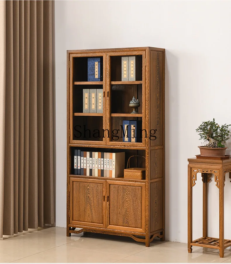 ZYY new Chinese-style all-solid wood antique display case with door, Chinese-style mahogany bookshelf combination floor
