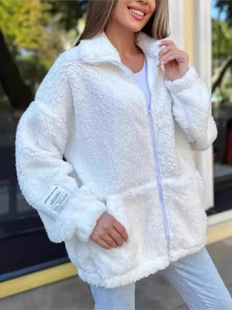 

New Winter Warm Flip Collar Long Sleeve Outwears Fashion Solid Color Pocket Jacket Coats Loose Casual Furry Zipper Women's Coats