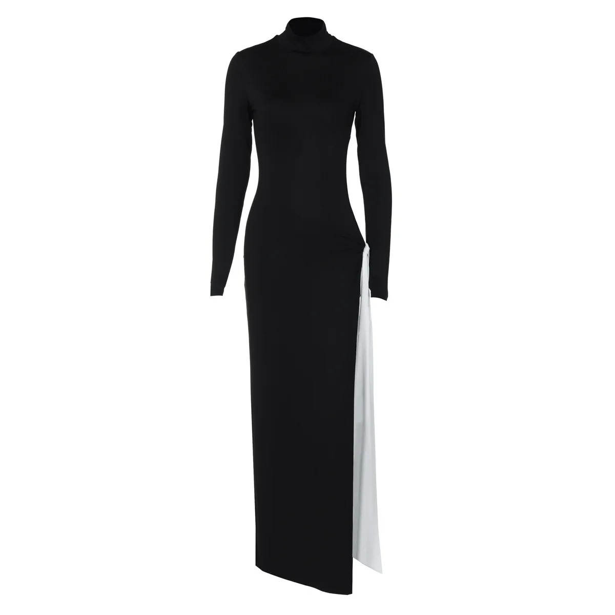 Woman Spring Clubwear Party Long Sleeve Maxi Black Dress Turtleneck Sexy High Slit Contrast Color Ribbon Elegant Cut Out Vestido