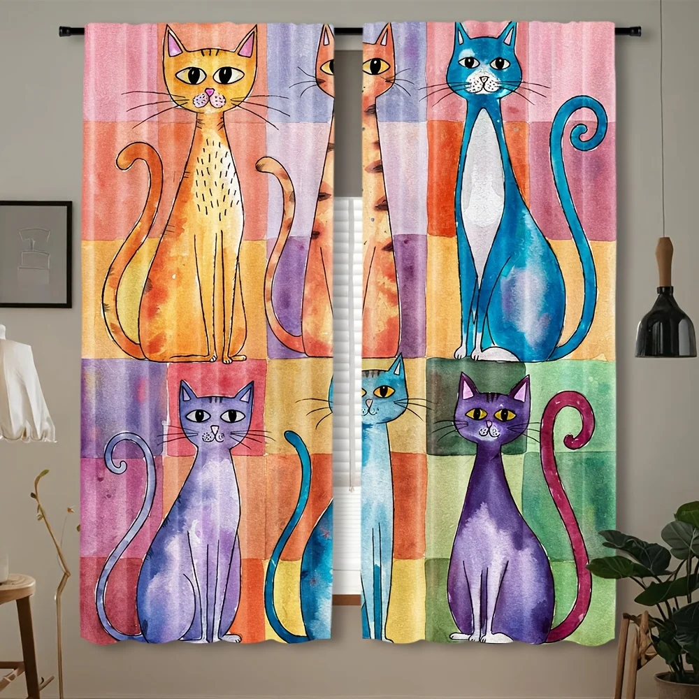 Colorful Cat Print Curtains, Watercolor Pet Pattern Drapes, Artistic Living Room Window Treatment Home Decor