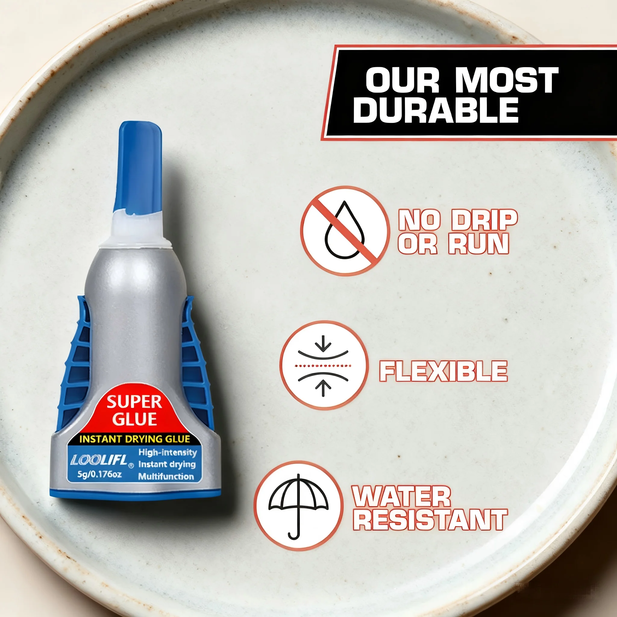 

LOOLIFL Super Glue Control gel, transparent, 0.176oz/5g bottle, 3-piece - super glue for plastic, wood, metal, crafts and repair