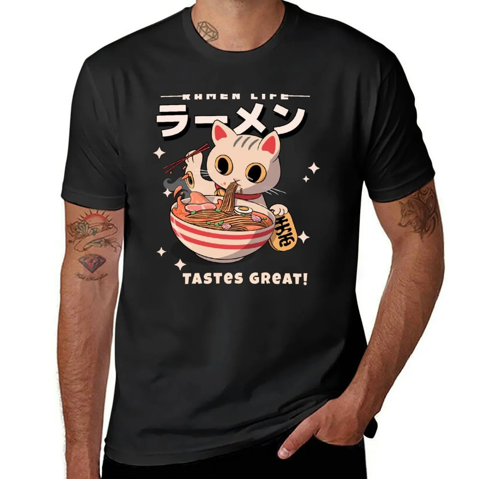 Kitten Eating Ramen- Ramen Life Tastes Great! T-Shirt animal prinfor boys Blouse graphics men clothings