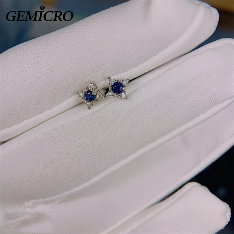 Gemicro 925 Sterling Silver Jewelry with 3mm Natural Sapphire Stone Earring Studs for Party Gift, Women Romatic and Cute Style