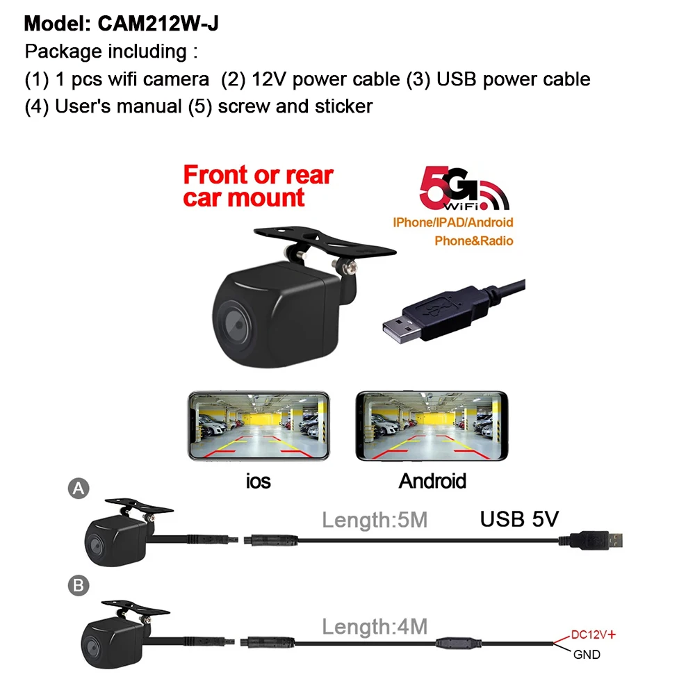 Carsanbo voiture Wifi5 HD Vision nocturne caméra de recul sans fil étanche Wifi caméra de recul 12V 