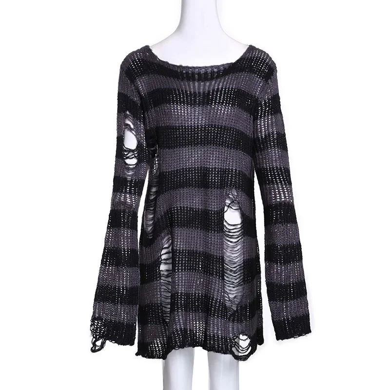 Spring Autumn Harajuku Gothic Girls Punk Purple Top Women Long Pullover Hole Striped Loose Knitted Jumpers Top