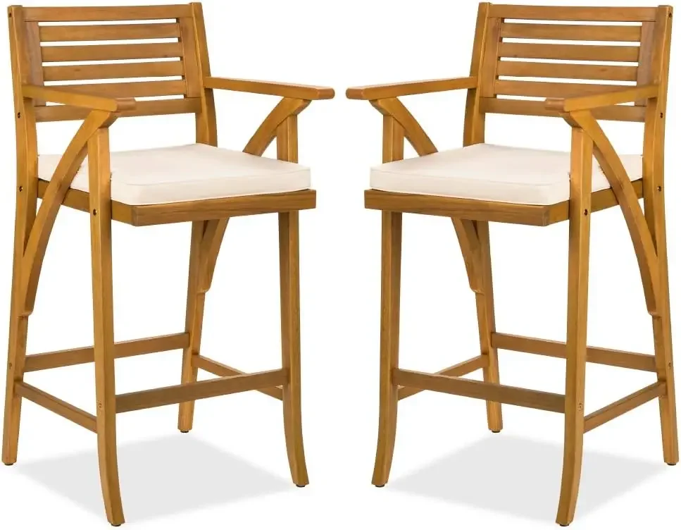 Set of 2 Outdoor Acacia Wood Bar Stools Bar Chairs for Patio, Pool, Garden w/Weather-Resistant Cushions