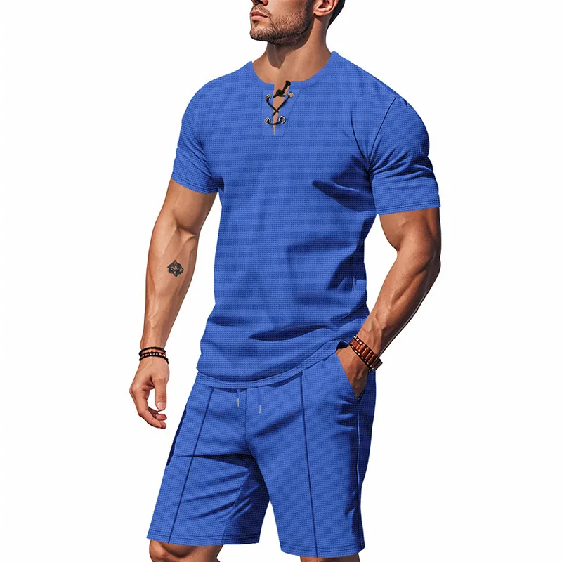 American Style Waffle Knit Two Piece Outfit Men Lace Up Henley T Shirt Drawstring Shorts Summer Casual Set - view 5