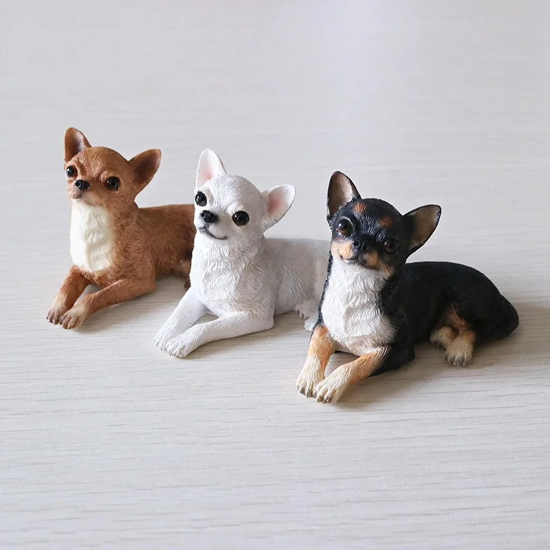 Modelo de perro de simulación de Chihuahua en miniatura, 3 piezas, accesorios de coche, artesanías de resina