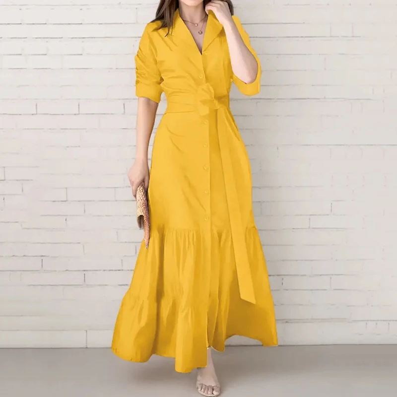 봄 여름 신상 여성용 롱 솔리드 컬러 셔츠 드레스 다용도 우아한 브이넥 레이스업 허리 조임 단추형 드레스