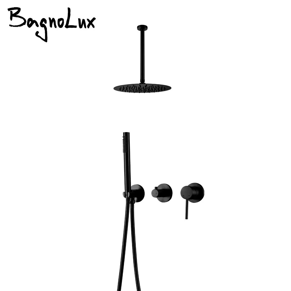 Matte Black Shower Faucet 8-12'' Shower Head Bathroom Recessed Box Shower Tap Ceiling Arm 2 Ways Control Switch Shower Mixer