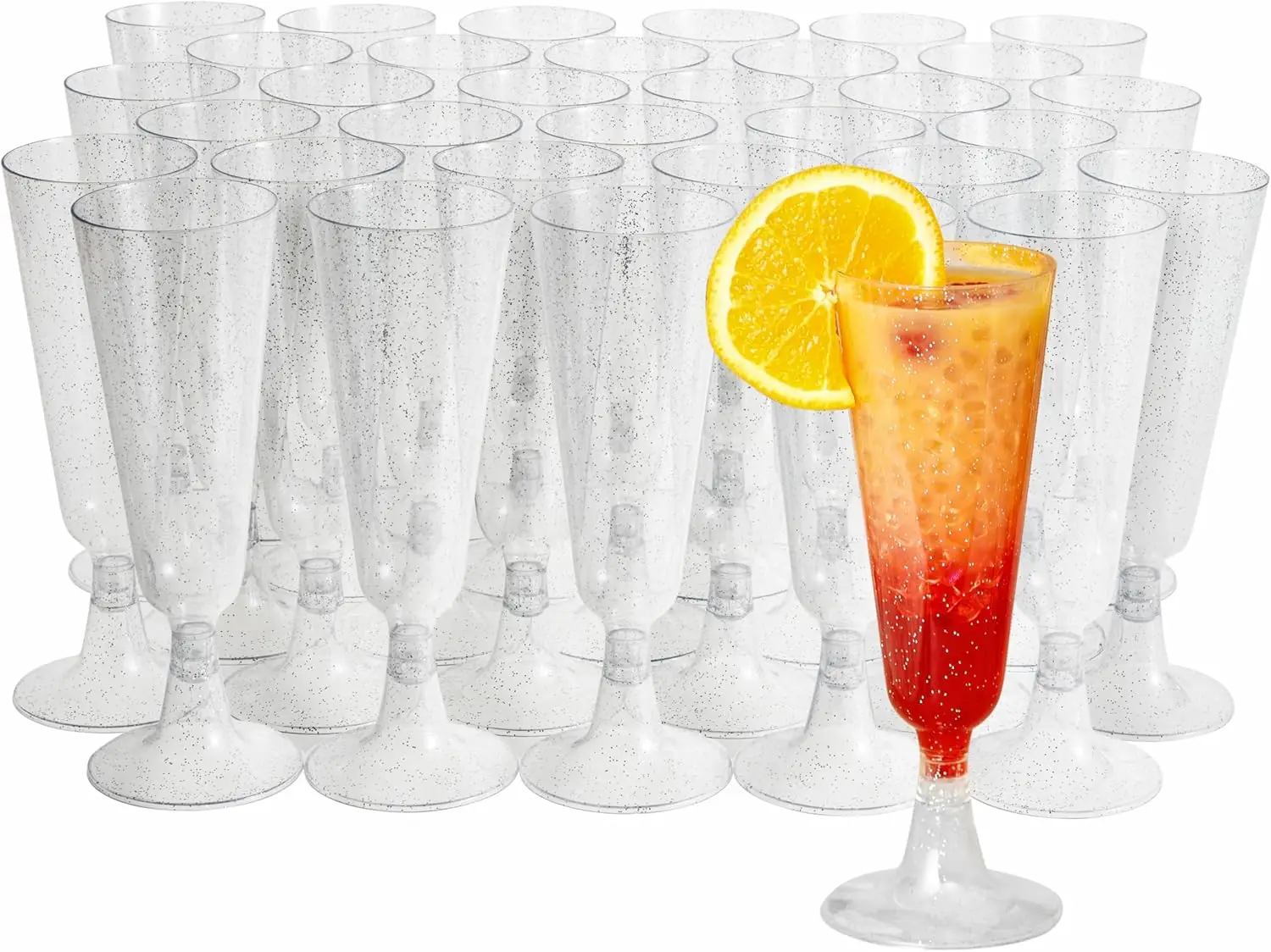 

50 Plastic Champagne Flutes 5oz Silver Glitter - Reusable Toasting Glasses for Parties, Weddings, Birthdays