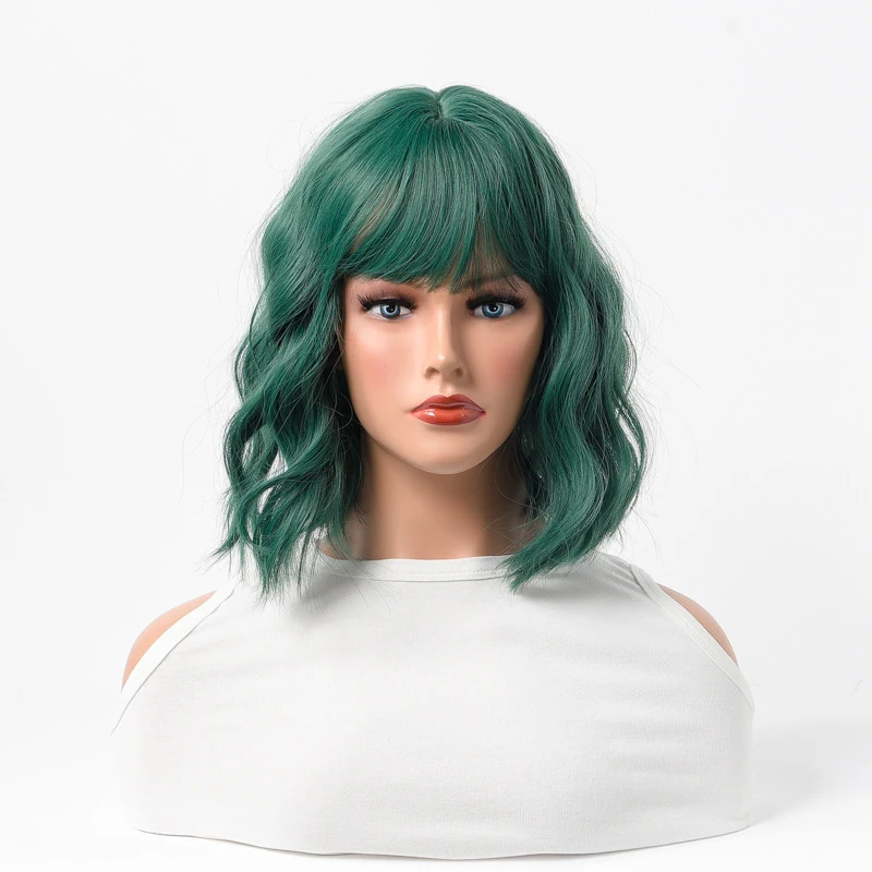 European and American style short curly dark green wig with bangs for women