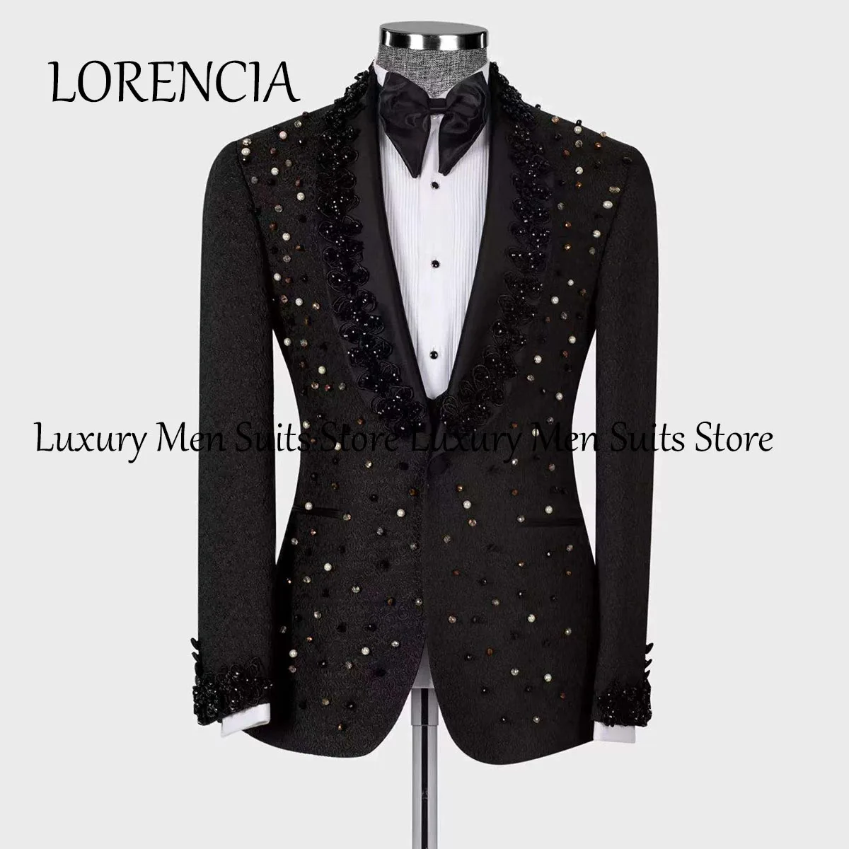 Customized Pearls Beaded Crystals Men Suits Black Formal Groom Wedding Tuxedos 3 Pieces Sets Male Prom Blazer Slim Fit Party