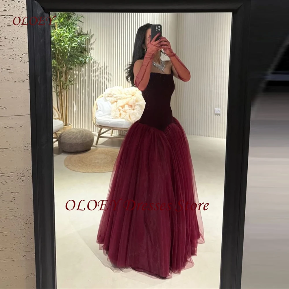 

OLOEY Elegant Dark Red Evening Dresses Arabic Women Strapless Velvet Tulle Floor length Prom Gowns Formal Occasion Customized