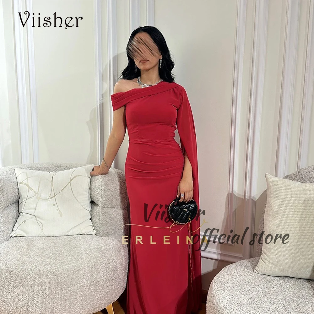 

Viisher Red Satin Mermaid Evening Dresses One Shoulder Arabian Dubai Prom Dress Floor Length Formal Occasion Gowns