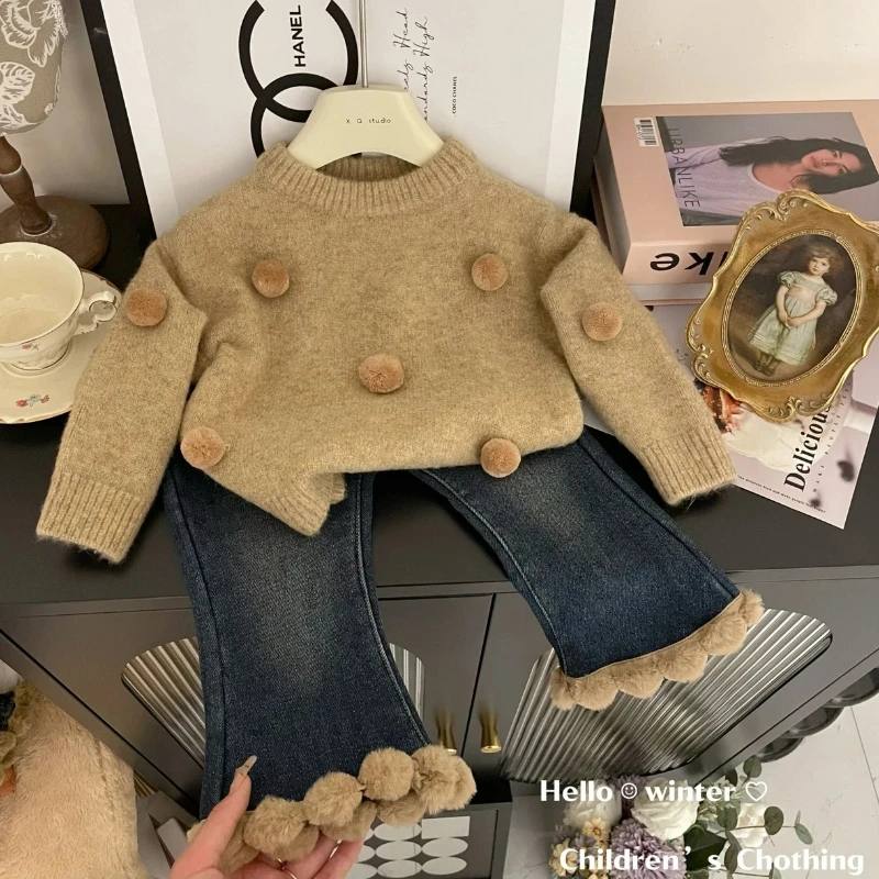 

Children Sweater for Girls 2023 Autumn and Winter New Western Korean Edition Thickened Knitwear Winter Sweater Jeans Set