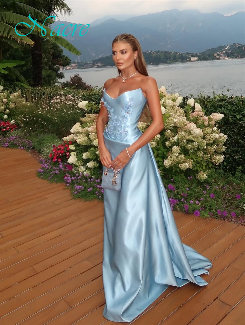 Moda personalizada vestido de noite de cetim delicado sem alças vestidos de baile temperamento apliques flores vestidos de ocasião especial