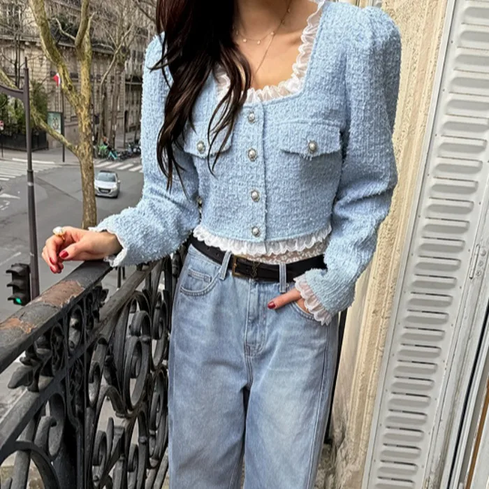 

Шикарное корейское женское джато, винтажное пальто с квадратным воротником, металлическим синим рюшами и рюшами, модное женское пальто Ele