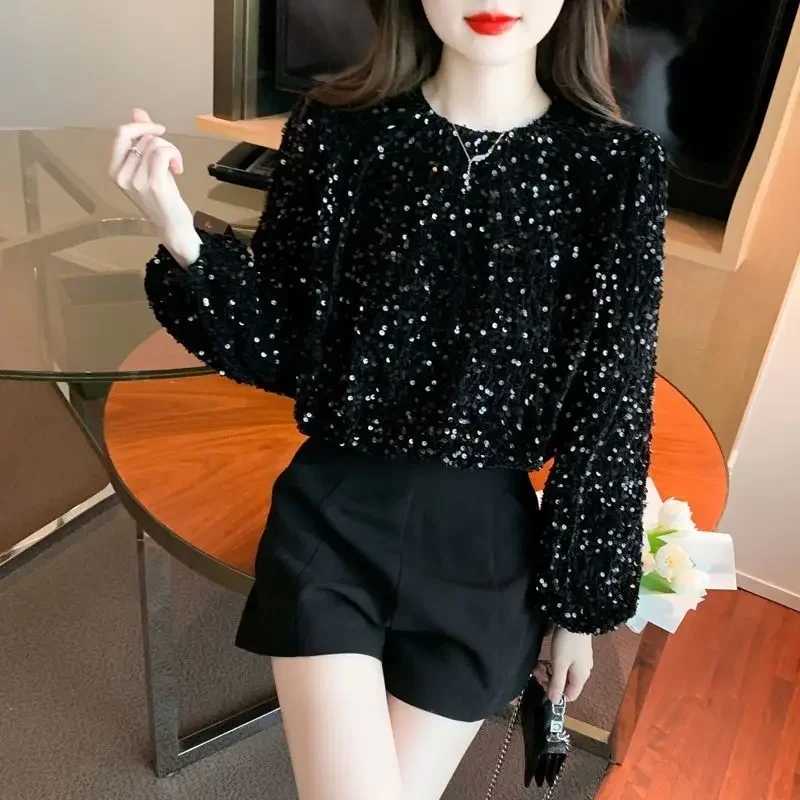 เสื้อผ้าผู้หญิงเกาหลีแฟชั่นแขนยาว Elegant Chic เสื้อยืดฤดูใบไม้ร่วงฤดูหนาวสบายๆ O คอสีดําหลวม Tops