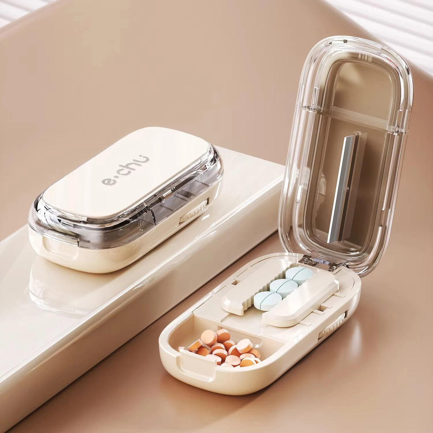 1/2 und 1/3 verstellbare Pillenschneider-Aufbewahrungsbox, tragbare Medikamententablette, Medizin, staubdicht, Trennwand, Organizer, Brecher, Pillenschneider