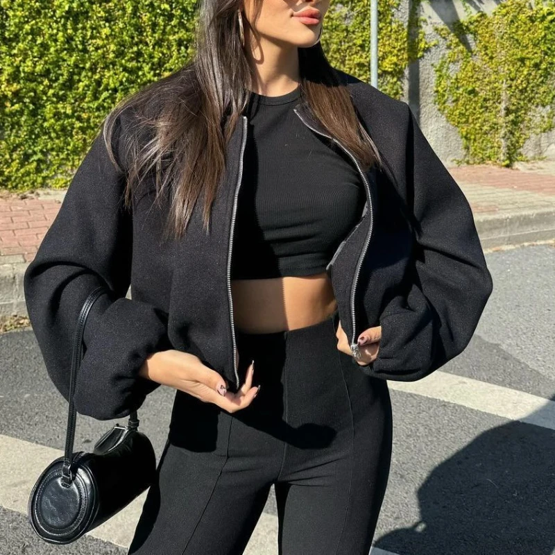 

Tweed Bomber Jackets Autumn Winter Coat Female New Outerwears Women'S Crop Long Sleeve Solid Coats Casual Zipper Jacket Vintage