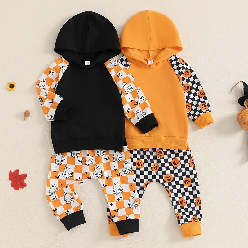 

Toddler Baby Boy Halloween Outfits Ghost Pumpkin Plaid Print Long Sleeve Hood Sweatshirt with Elastic Waist Pants 2Pcs Set