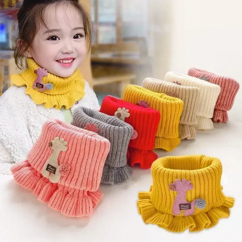 

6 Colors Warmer Baby Knitted Scarf Cartoon Giraffe Ruffle Neck Girls Kids Warm Scarves Collar Circle Outdoor Winter Scarfs