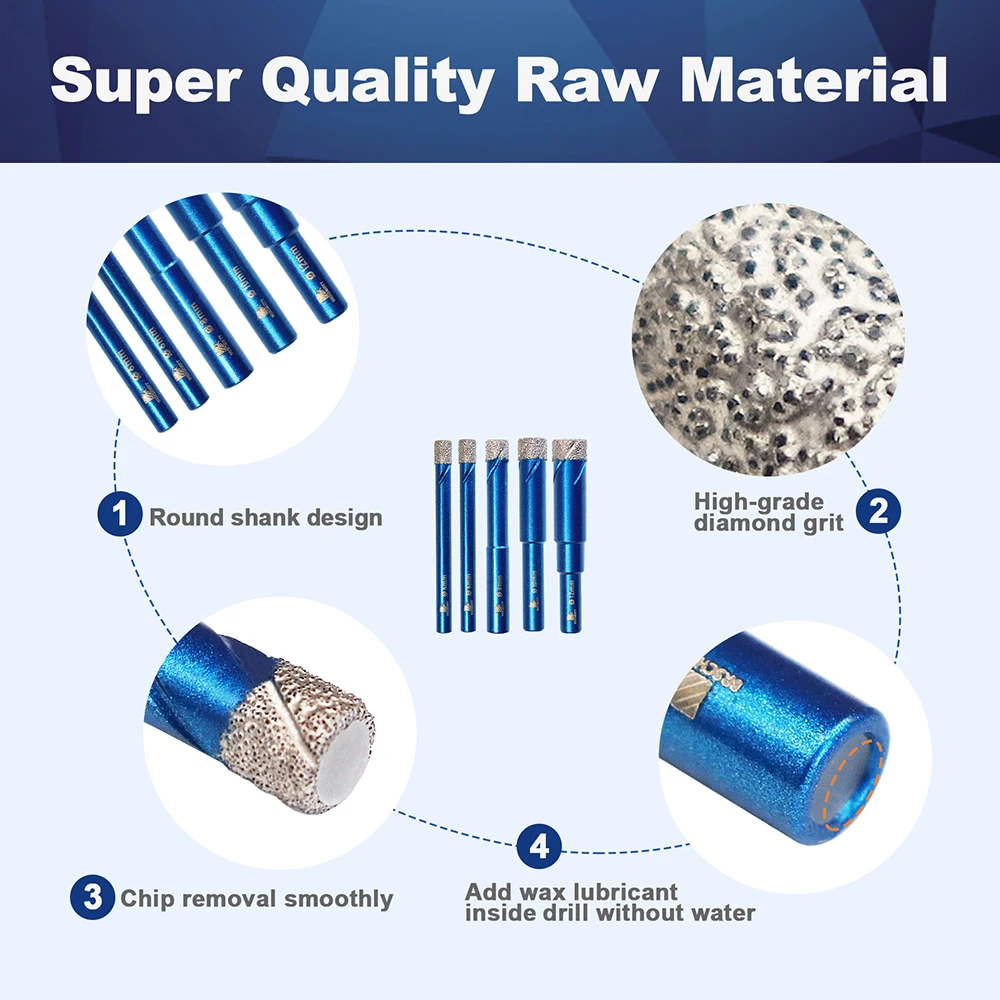 

BRSCHNITT 5pcs 6/6/8/10/12 Diamond Drill Core Bit with Round Shank for Drilling Tile Marble Ceramic Porcelain Hole Saw Drill Bit