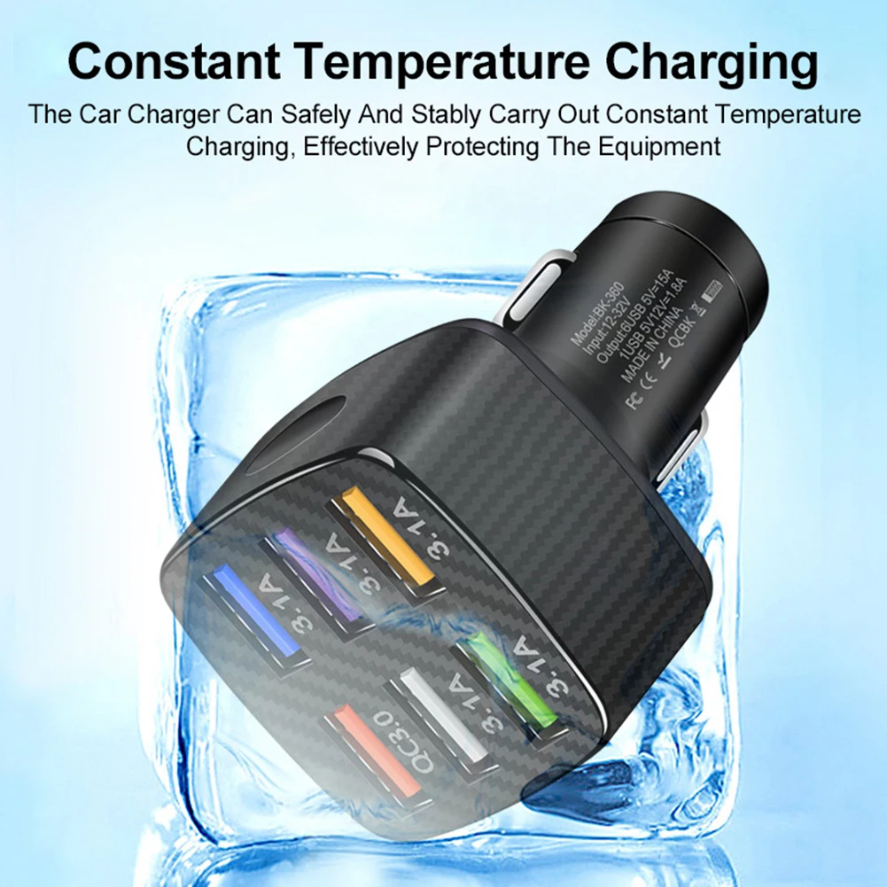 QC3.0 Fast Charging Black 6-Port USB Car Charger, 15A Smart Car Phone Charger Adapter with Ambient Light