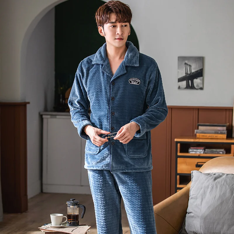 Coral fleece pajamas men autumn and winter thick long-sleeved home service male warm big yards 3XL flannel cardigan suit