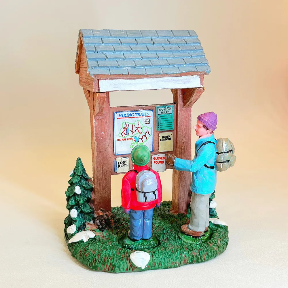 Winter Hiker Hiking Trail Board Resin Figurine Christmas Village Scene Home Decoration Collectible