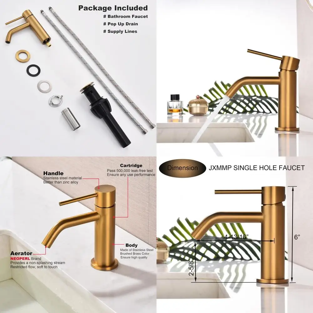 

Single Handle Stainless Steel Brass Bathroom Sink Faucet with Pop-Up Drain and Supply Hose in Brushed Gold Finish