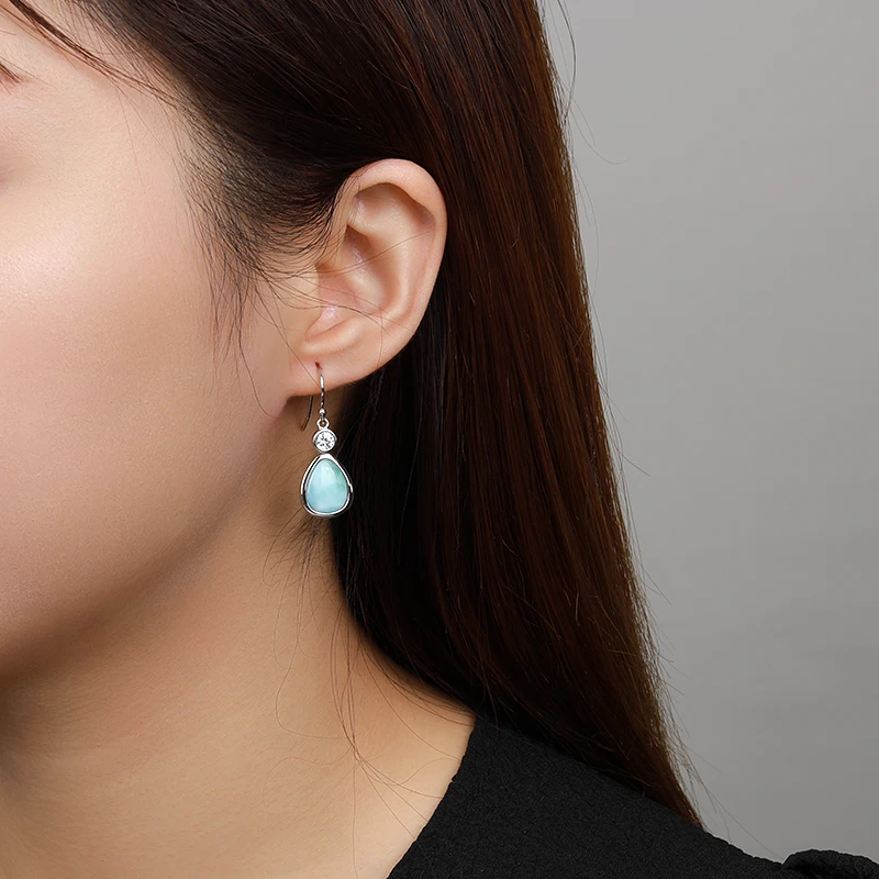 New Fashion Zircon Geometry Streamlined Long 925 Sterling Silver Jewelry Girl Natural Precious Larimar Earrings Women