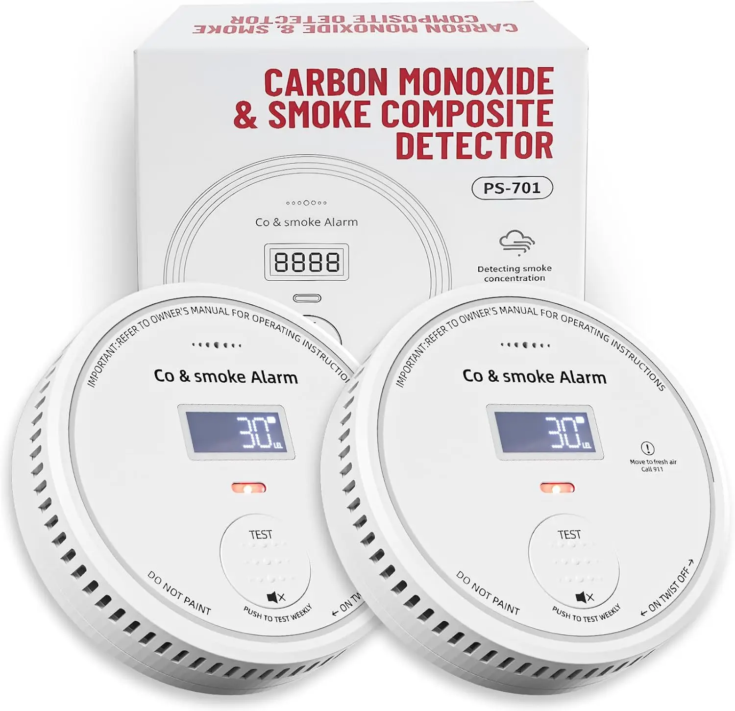 

Комплект из 2-х детекторов дыма и угарного газа с цифровым дисплеем, сигнализацией 85 дБ, на батарейках, для дома и автофургона