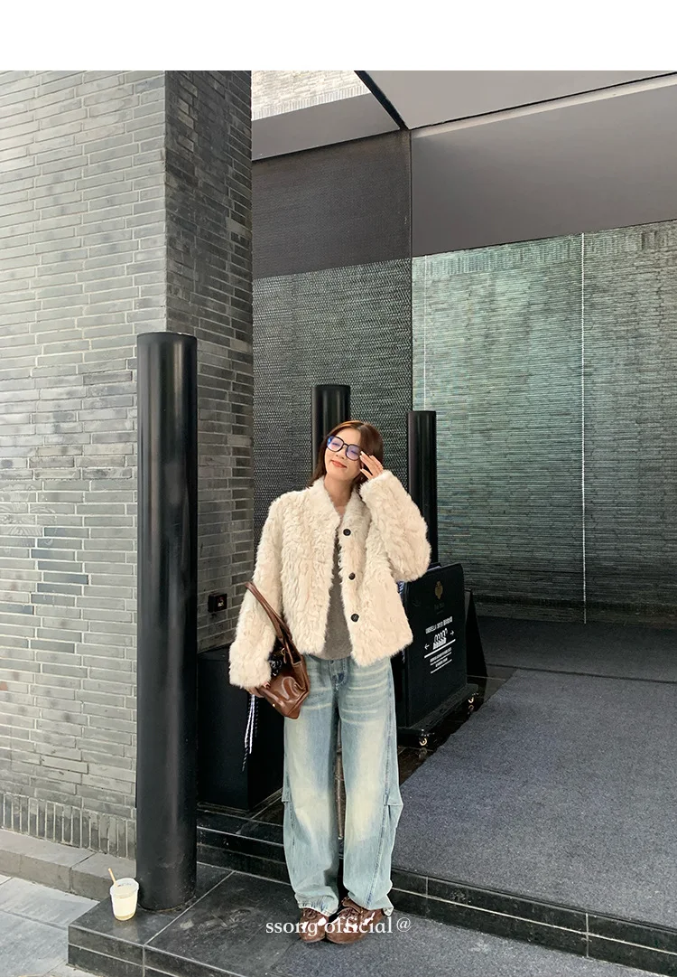 Women Faux Shearling Fur Coats Solid Fur Jackets Cotton Linen V Neck Long Sleeves Single Breasted Loose Fit Casual 2026 Winter