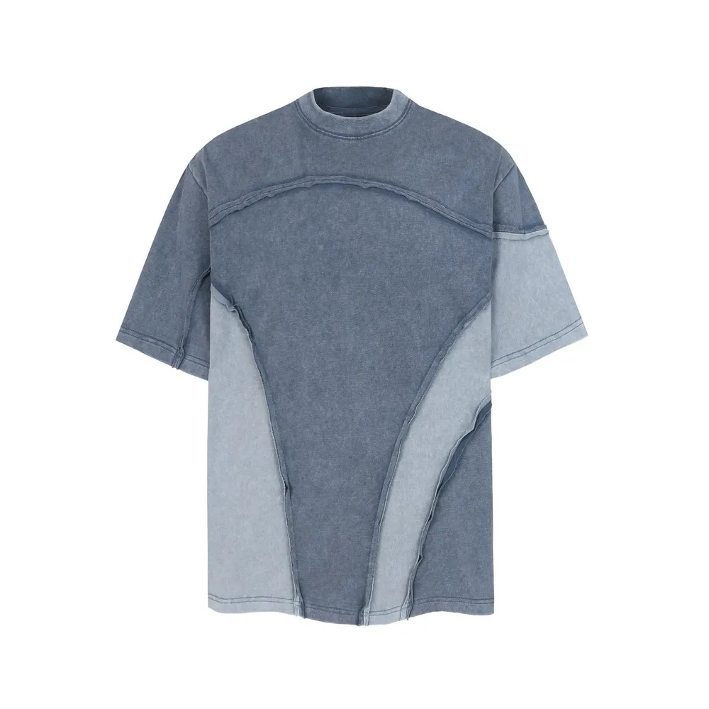 Bright Line Stitch Color Block Distressed T Shirts Oversize Goth Grunge T-shirt Cotton Summer Tops Tees Streetwear for Men Women