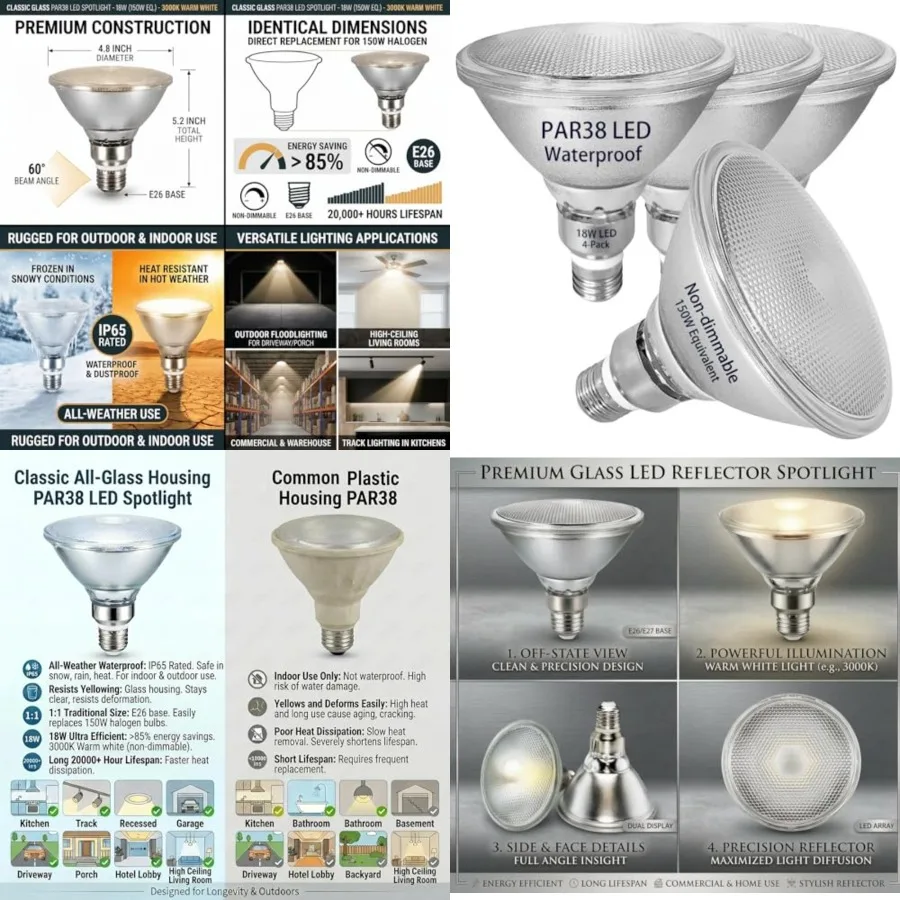 

Glass Reflector PAR38 LED Bulbs, Warm White Light, 18W, Indoor/Outdoor Flood Light, Waterproof, 4-Pack, 150W Halogen Equivalent