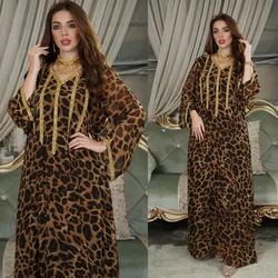 Caftán largo con estampado de leopardo para Mujer, caftán musulmán con lentejuelas, Abaya suelta, Túnica árabe saudita de Dubái, Vestidos africanos Musulmanes