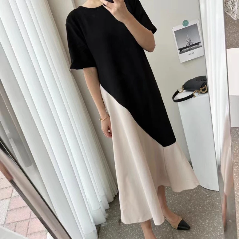 2025 صيف جديد كوريا فستان امرأة غير النظامية Vestidos رداء Elbise فضفاض حجم كبير المرقعة قصيرة الأكمام فستان طويل #6