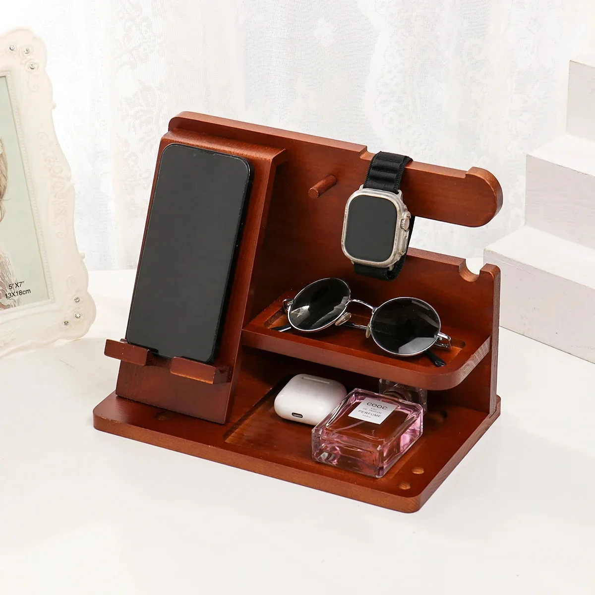 

New Wood Phone Docking Station Key Holder Wallet Stand Jewelry Watch Organizer Desk Accessories Men Husband Birthday Gift